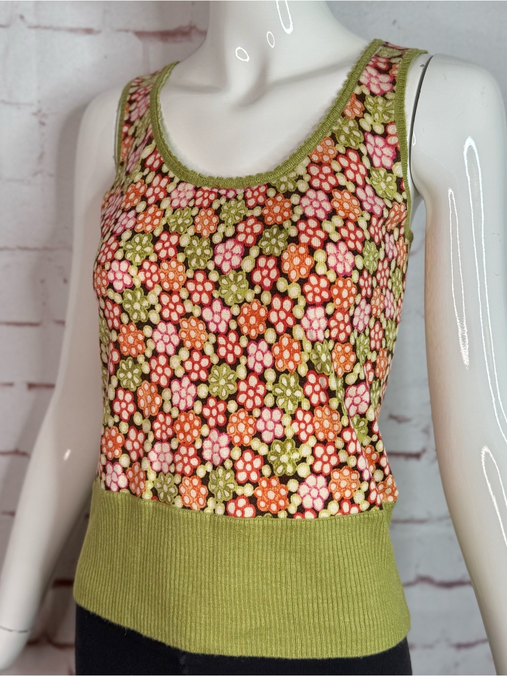 SIGRID OLSEN XS Silk Knit Moss Green Orange Pink Floral Sleeveless Sweater Vest